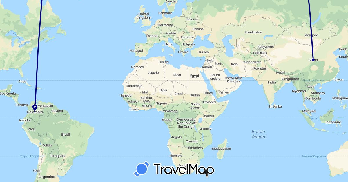 TravelMap itinerary: driving in China, Colombia (Asia, South America)
